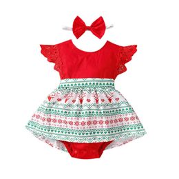 Rompers kerst pasgeboren babymeisjes kleding herten print bodysuit katoenen vliegmouwen baby jumpsuit en hoofdband babykleding J220922