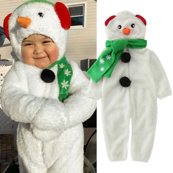 Barboteuses Costume de bonhomme de neige de noël pour bébés garçons filles barboteuse chaude dessin animé combinaisons de neige Cosplay combinaison polaire à capuche écharpe tenues 231121