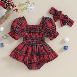 Mamelucos CitgeeSummer Navidad bebé niñas body vestido estampado a cuadros manga corta Puff mono arco diadema ropa de Navidad