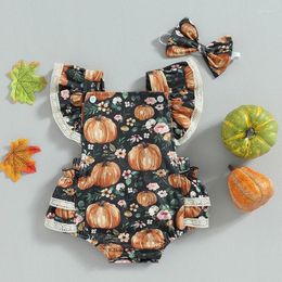 Barboteuses CitgeeSummer Halloween infantile bébé fille tenues à volants manches citrouille imprimé barboteuse bandeau ensemble vêtements