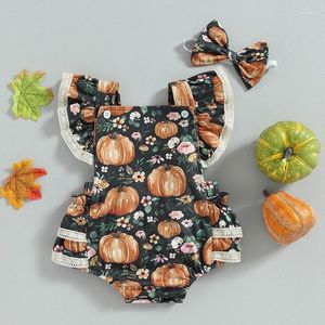 Rompertjes CitgeeZomer Halloween baby babymeisje outfits ruche mouw pompoen print romper hoofdband set kleding