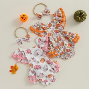 Barboteuses CitgeeSummer Halloween infantile bébé filles tenues manches volantes citrouille imprimé fleuri barboteuse bandeau ensemble vêtements