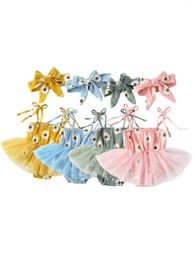Rompers Citgeesummer baby Babymeisjes Lace-Up Suspender Bodsyuit Dauisy Printing Jumpsuits Hoofdband Schattige kleding
