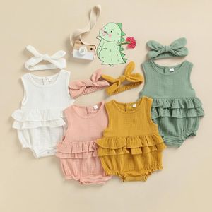 Barboteuses CitgeeSummer solide infantile bébé filles garçons body sans manches plissé à volants bouton-pression bas combinaison nœud bandeau vêtements