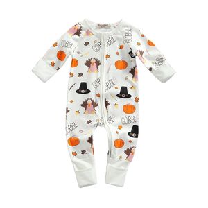 Rompers Citgeett Autumn Thanksgiving Day baby meisjes jumpsuit pompoenbrief kalkoenafdruk lange mouw ritsje romper kleding 220919