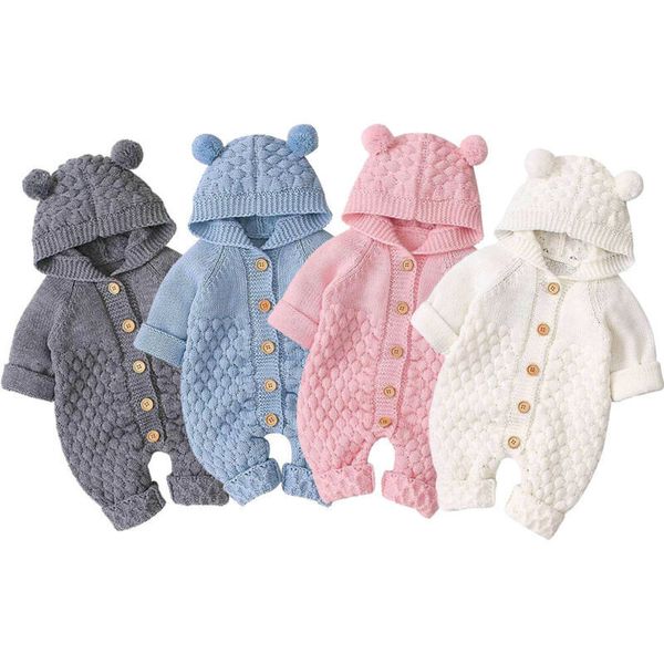 Barboteuses Citgeett automne hiver né bébé garçons filles oreille tricot barboteuse à capuche laine pull combinaison chaud mignon tenue 230724