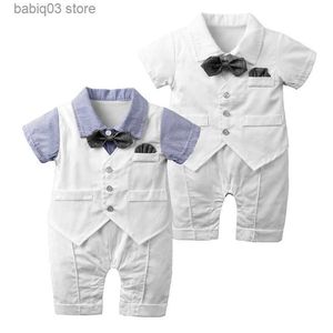 Mamelucos Algodón Recién Nacido Bebé Niño Trajes Breathdays Bautismo Mameluco Infantil Mangas Cortas Caballero Pajarita Ropa 0-24M T230529