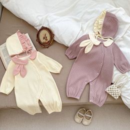 Rompers schattig babymeisje romper ins herfst herfst lange mouw konijn oor kraag met een losse jumpsuit hoed met één borsten