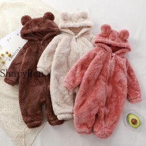 Rompertjes Schattige Beer Baby Jongen Meisje Kleding geboren Lange Mouw Capuchon Rits Romper Dikke Warme Flanel Babykleding 036M 231010