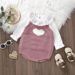 Rompers Mignon Born Baby TricoT Raiper for Girls Boys Vêtements Heart Imprimé sans manches Crochet Pull général Printemps Tricot Infant
