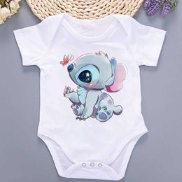 Rompers schattige Lilo Stitching Summer Baby kleding 100% katoenen babykleding 0 tot 12 maanden strakke passende babymeisjes kleding 2024L2405L2405