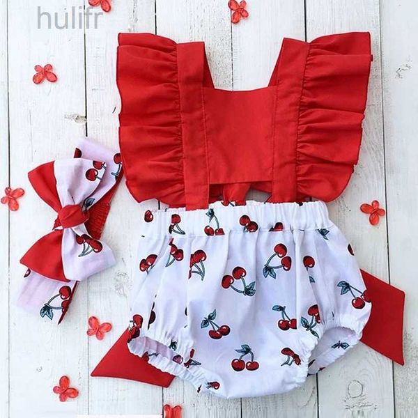 Rompers Mignew Newborn Baby Girl Clothes sets Ruffle Backless Cherry Raiper Band 2ps Summer Tenues d'été