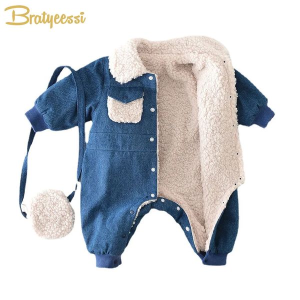 Mamelucos Denim Bebé Monos de invierno con bolsa Forro de lana de cordero Mameluco para niños Ropa para niñas Traje Traje para niños pequeños Conjunto Ropa infantil 230927