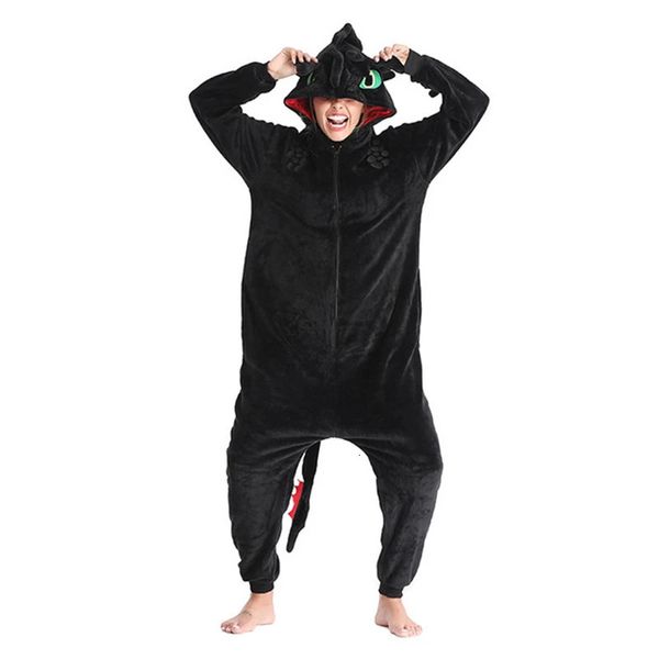 Barboteuses Dragon Noir Onesie Enfants Adulte Unisexe Flanelle Pyjama Anime Train Votre Nuit Fury Vêtements De Nuit Accueil Porter E46762AC 231208