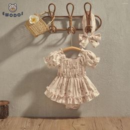 Mamelucos EWODOS 0-24M Body de gasa para niñas, moda, manga abombada, vestido plisado de flores con hombros descubiertos y diademas con lazo