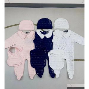 Rompers Fashion Fashion Infant Kids Diseñador de mamelucos recién nacidos Baby Baby Baby Letting Impreso Jumpsuits Hat Babs 3 PCS Luxury Babies Cotton DHQB3