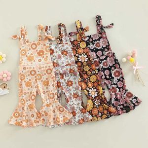 FOCUSNORM 0-4Y Mooie romperbroek voor babymeisjes, 4 stijl bloemen, bedrukt, mouwloos, off-shoulder, ruches, hoge taille, flare jumpsuitL231129