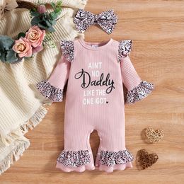 Rompertjes FOCUSNORM 018M 2 Stuks Baby Meisjes Jongens Romper Kleding Brief Luipaard Print Flare Mouwen Jumpsuit Hoofdband 230608