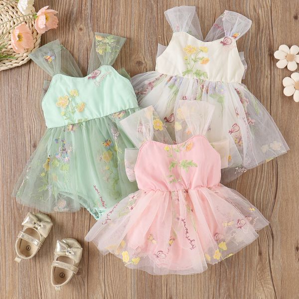 FOCUSNORM 5 Couleurs 0 24M Bébé Fille Princesse Barboteuse Robe Sans Manches Broderie Florale Dentelle Maille Dos Nu Bowknot Combinaison 230626