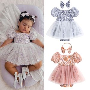 FOCUSNORM Princesse Bébé Filles Barboteuse Robe 2 pcs Fleur Imprimer Hors Épaule À Manches Courtes Bouffantes Dentelle Patchwork Combinaison 230630