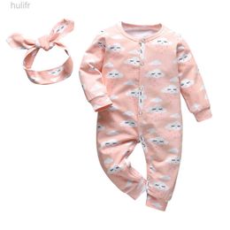 Rompers Ropa de mameluco para niñas de cuatro estaciones para la ropa de manga larga de los bebés de algodón recién nacido con diadema de manga de manga larga durante 0 a 18 meses D240425