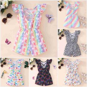 Rompers Girl Jumpers Leopard Butterfly Rainbow Floral Print Girls Rompers Toddler Kids Girls Jumpsuit Kids Overalls voor 1-8y D240425
