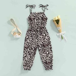 Rompers meisje jumpsuit luipaard print mouwloze tie -up lange broek peuter kind meisjes zomer mode jumpsuit outfit 16y j220922