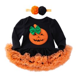Barboteuses Halloween Bébé Costume Filles Robes nées Citrouille Noir Combinaisons Robe Infant Cartoon Imprimé Enfants Party Outfit 221018