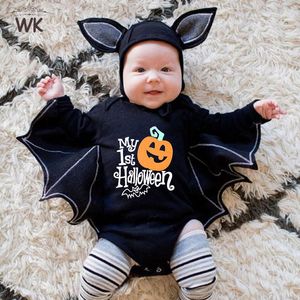 Rompertjes Halloween Baby Jumpsuit Pompoenkop Schedelbeenderen Babykostuum Bat Romper Lange mouw Ronde Hals Knoppak 2-delige kledingset 230830