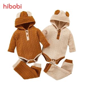 Rompers Hibobi Baby Romper Colorblock Bearear Long Sleeve gebreide Unisex Romper 2PCS Autumn Cotton Jumpsuit 318m 220909