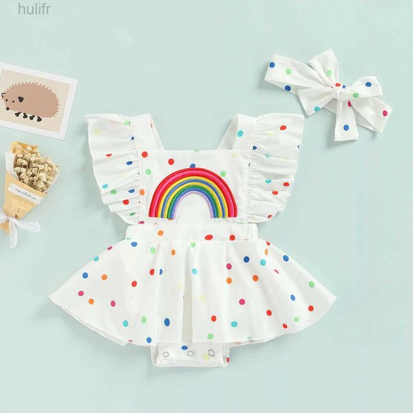 Rompers Hot-Born Baby Girls Girls Princess Rainbow Dots Modèle à manches à volants Robe roberie tenue 2024 Robe blanche d'été D240425