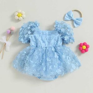 Rompers baby babykleding meisje prinses bodysuit jurk 3d bloem puff korte mouw tule tutu met hoofdband set h240507