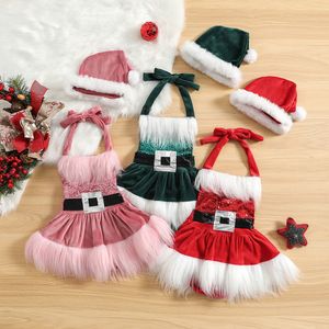 Rompers baby meisjes kerstmis romper jurk pailletten witte pluche trim patchwork halterneck mouwloze tutu jumpsuits met hoed 221122