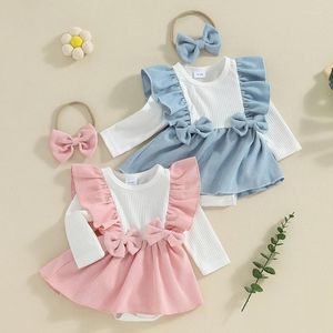 Barboteuses pour bébés filles, jolie tenue 2 pièces, couleurs contrastées, velours côtelé, manches longues, robe trapèze et ensemble de bandeau mignon