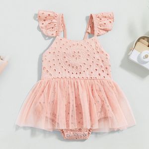 Barboteuses Infant Baby Girls Mesh Romper Summer Casual Solid Color Flying Sleeve Lace Dress born Clothes Body pour enfants Jumpsuit 230630