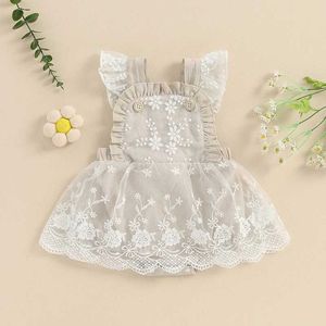 Rompers baby babymeisjes zomer romper jurk vlieg mouwen kan kant bloemen borduurwerk tule backless jumpsuit h240508