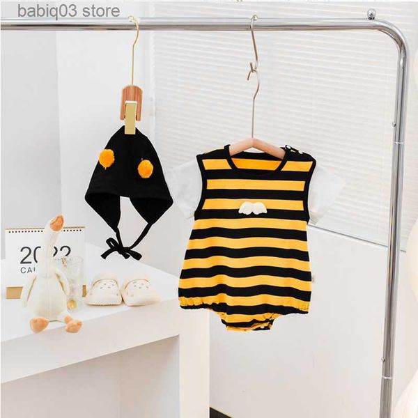 Mamelucos para bebés Mamelucos para bebés Traje de verano Niños Niñas Mono de algodón a rayas de abeja + Conjunto de sombreros Niños pequeños recién nacidos Ropa de bebé divertida de una pieza T230529