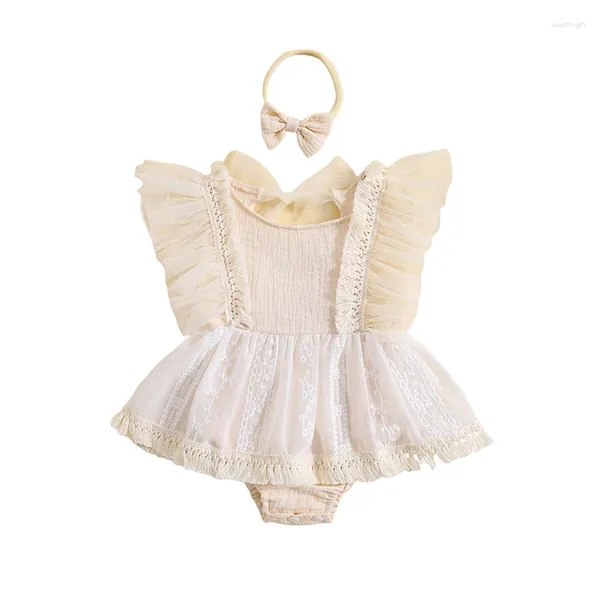 Barboteuses Bébé Né Bébé Filles Barboteuse Robe Fleur Broderie Papillon Ailes Manches Combinaisons D'été Bodys Avec Arc Bandeau