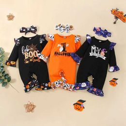 Rompers Infant Girl Halloween à manches longues Suit + Hairband Pumpkin Letter Imprime Ruffle Holiday Clothing H240508