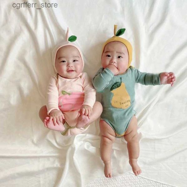 Rompers Ins Baby Mompers Fruit estampados de fruta Niños algodón de manga larga Sombrero