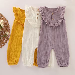 Rompers insamino Summer Baby Kids Clothing Girl Comper O-Neck Color sin mangas Color sólido Diseño Inglaterra Simple 100% Algodón