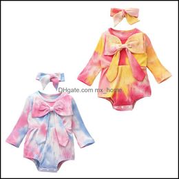 Rompertjes JumpsuitsRompers Baby Kinderkleding Baby, Moederschap Meisjes Tie Dye Romper Pasgeboren Zuigeling Big Bow Pit Stripes Jumpsuits met Headba