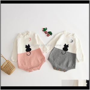 Rompertjes JumpsuitsRompers Kleding Baby Kinderen Moederschap Drop Levering 2021 Infant Gebreide Jumpsuit Katoen Lange Mouw Ronde hals Cat Gedrukt PA