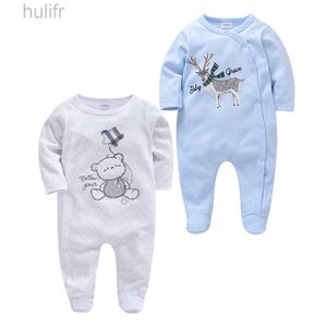 Rompers Kavkas 2 PCS/Set Baby Boy Rompers Lange mouw 100% katoenen cartoon print overalls 0-12 maanden Autumn Girls kleding baby kostuum D240425