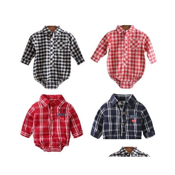 Barboteuses Vêtements pour enfants Garçons Plaid Check Baby Grid Combinaisons à manches longues Revers Onesie TriangleCoton Bodys Summer Casual Climb Suit Dhipl