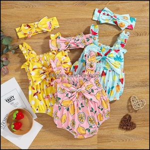 Barboteuses Enfants Filles Pastèque Citron Flamingo Imprimer Barboteuse Infant Ruffle Bow Combinaisons Avec Bandeau Mode D'été Bébé Mxhome Dhimr