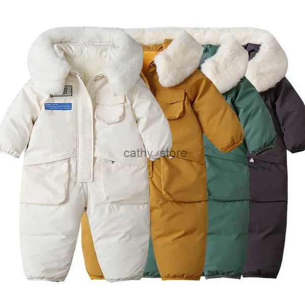 Barboteuses Enfants rembourré coton body vêtements 2023 nouvel hiver bébé épais Plus velours chaud barboteuses filles garçons Ski costume salopette 1-5 ans L231114