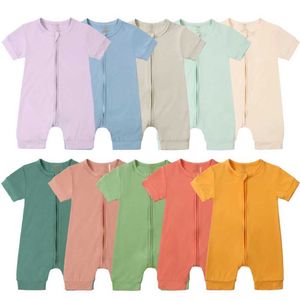 Rompers Kids Pyjama onesies Bamboo Fiber Cotton Teuter Jumpsuit Zomer Babykleding Korte mouw Solid Bodysuit voor pasgeboren H240507