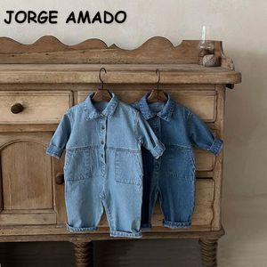 Mamelucos estilo coreano ropa de otoño bebé niña niño mameluco cuello vuelto manga larga Denim azul mono nacido ropa E4580 230311