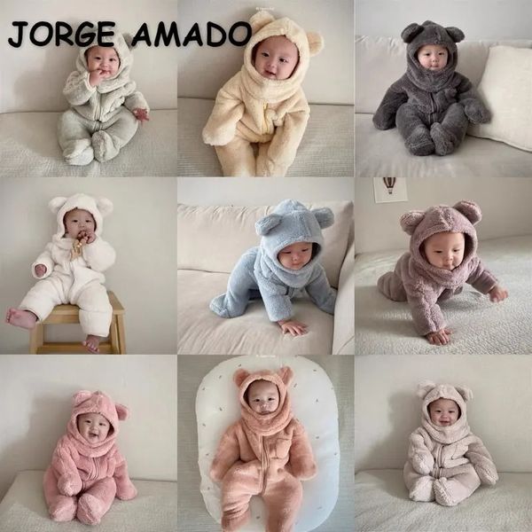 Mamelucos Ropa de invierno de estilo coreano Bebé niño niña Mameluco Gris Verde Púrpura Rosa Amarillo Beige Manga larga Mono Gorra E2292 231124